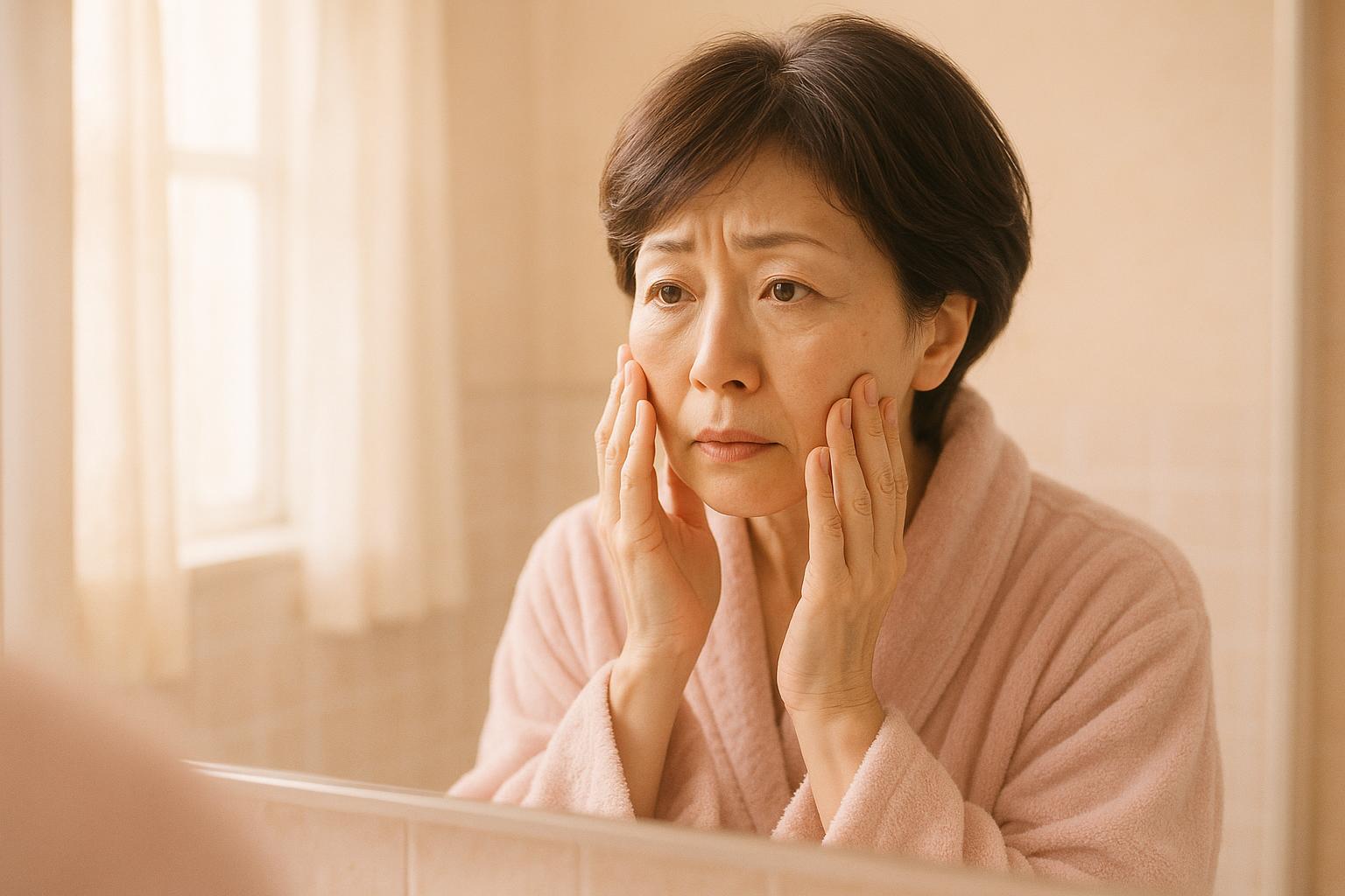 鏡を見て肌を気にする50代女性