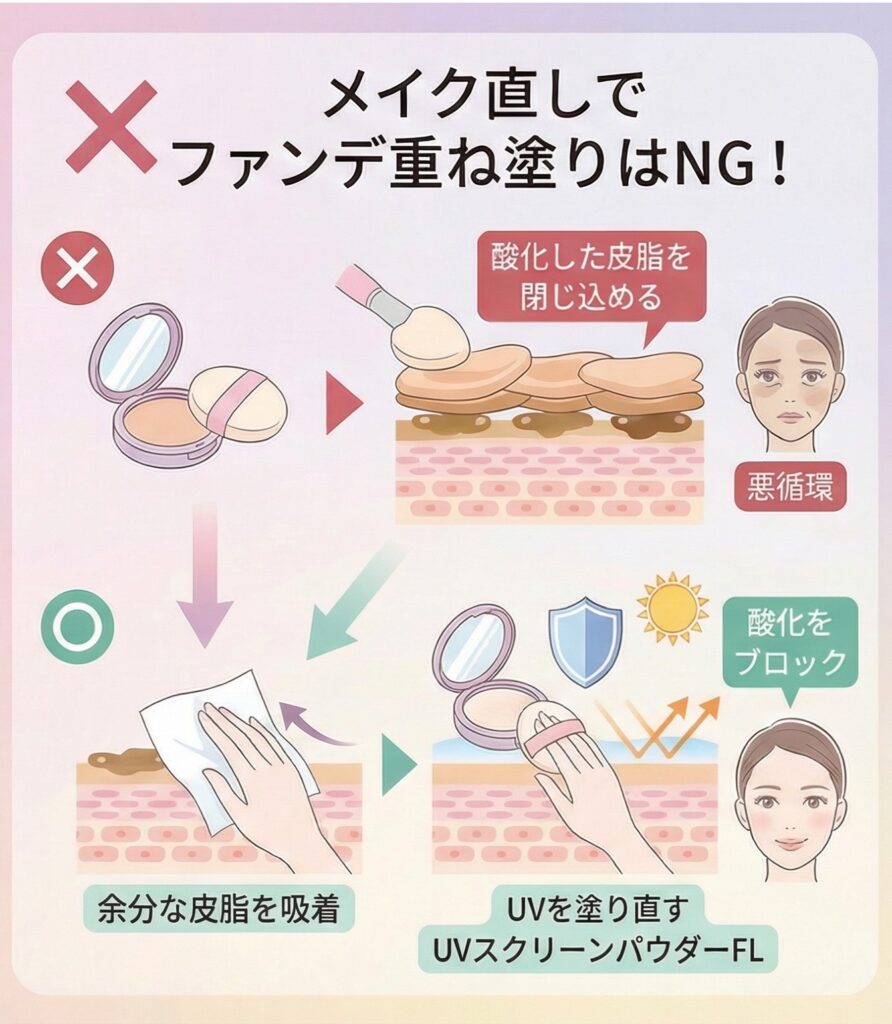 図解:メイク直しでファンで重ね塗りはNG!