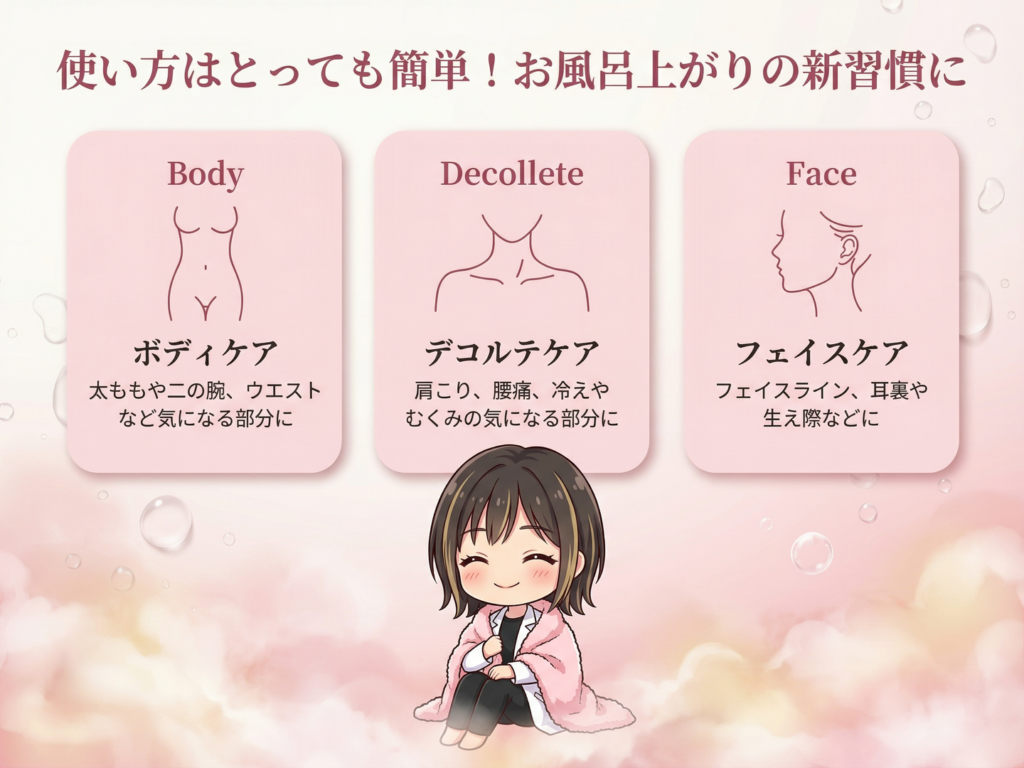 使い方はとっても簡単！お風呂上がりの新習慣に！